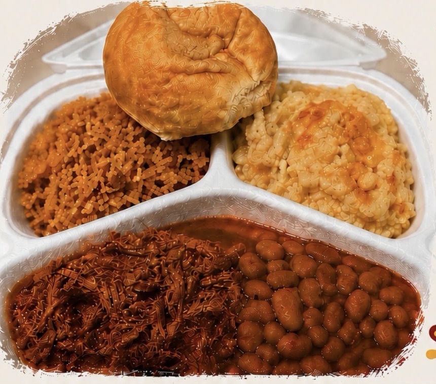 Styrofoam plate loaded with barbacoa, beans, rice, cheesy potatoes, and a dinner roll